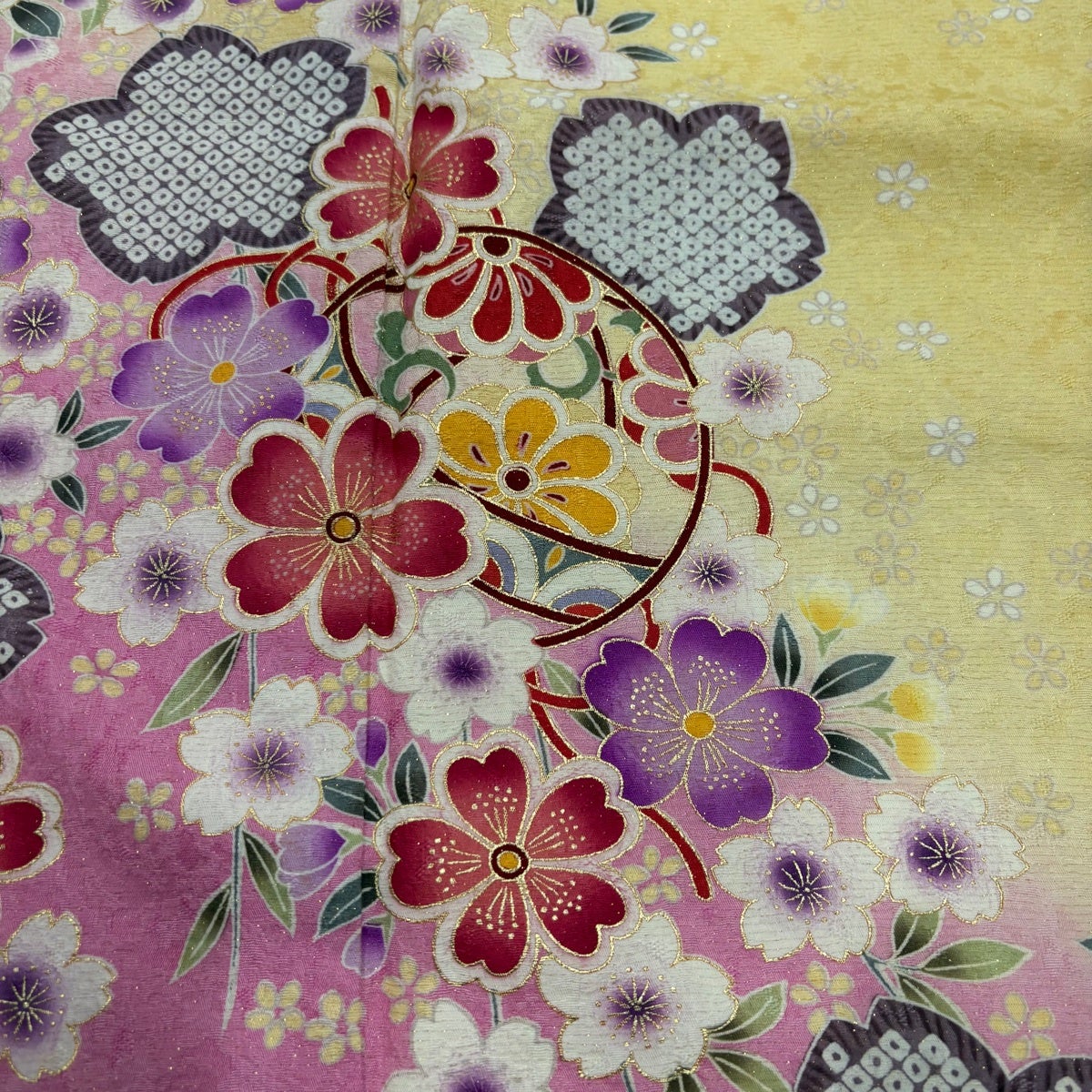 振袖 身丈173.5cm 裄丈72cm L 袷 桜 手鞠 金通し 金彩 黄色 正絹 名品