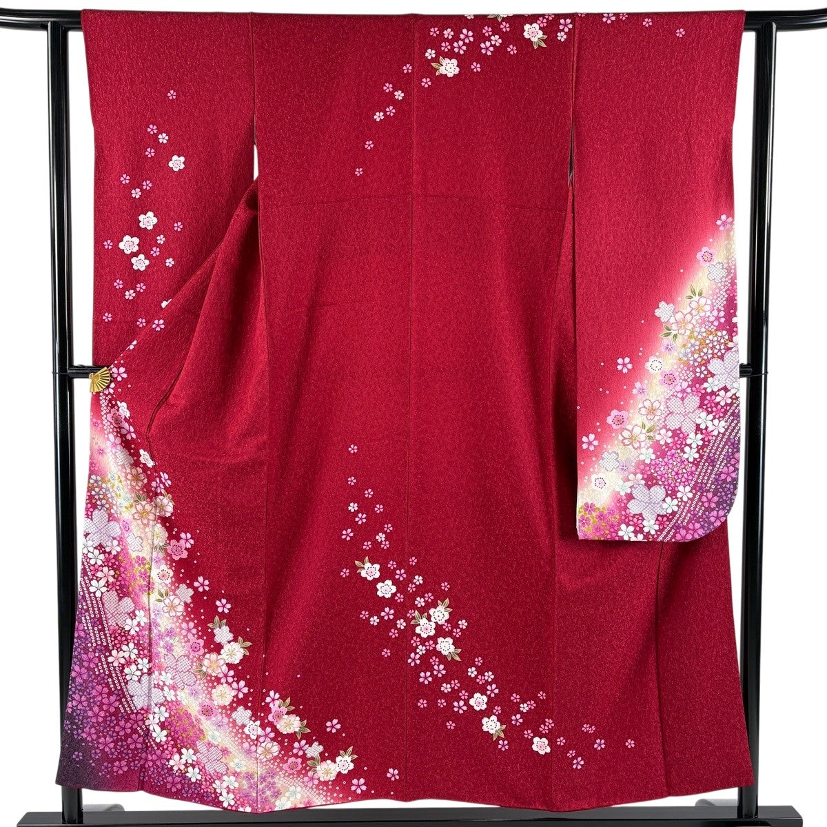 美品】 振袖 身丈153.5cm 裄丈60cm S 袷 桜 鹿子柄 銀通し 箔 赤 正絹