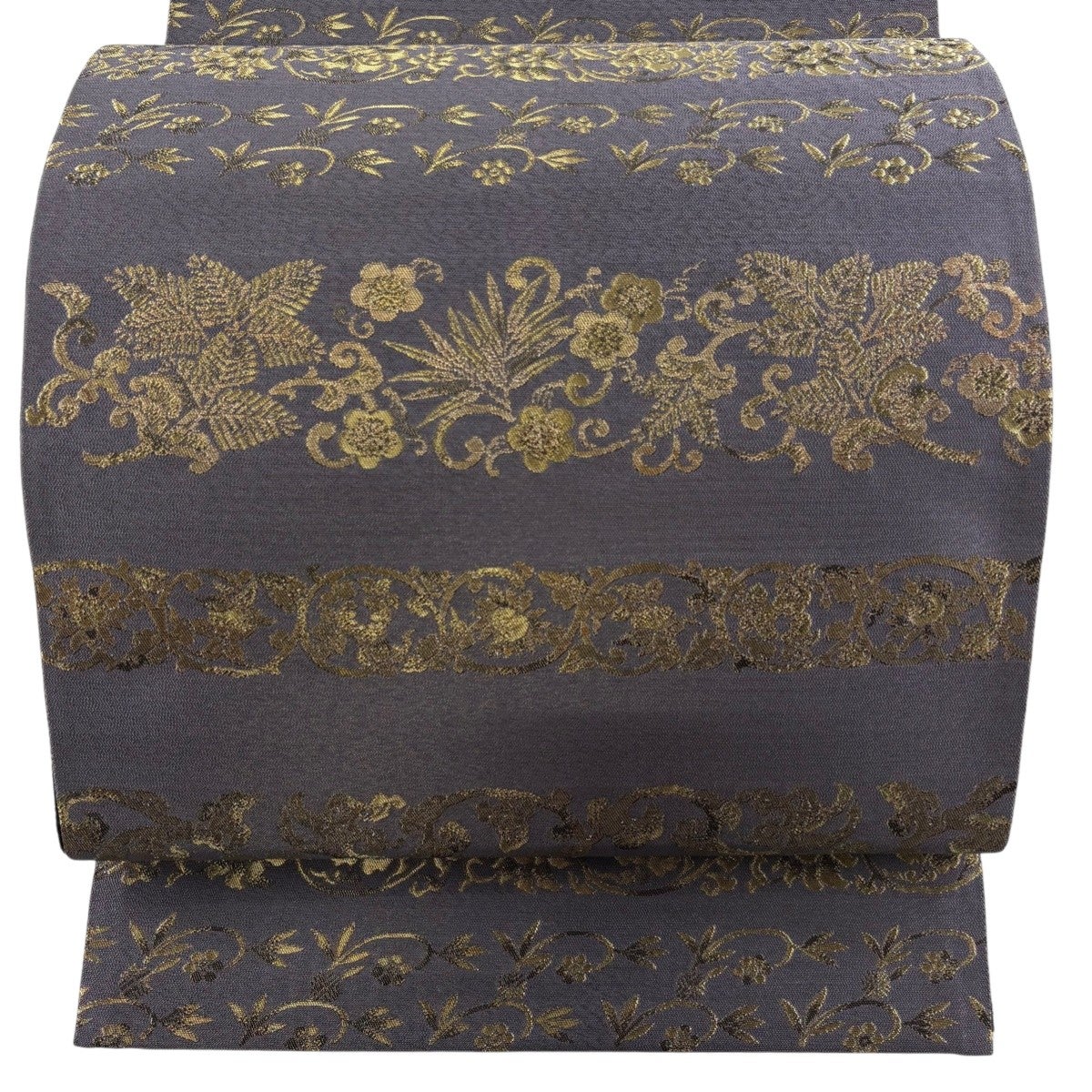 美品】 袋帯 秀品 向かい鳥 花唐草 金糸 箔 灰紫 六通 正絹｜中古 
