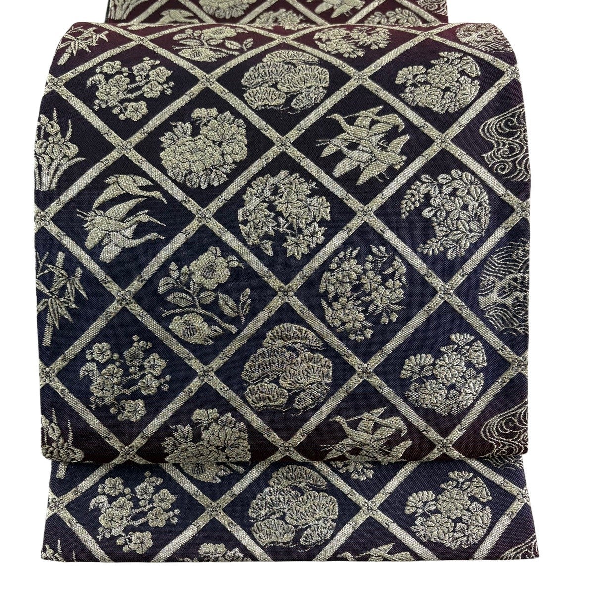 美品】 名古屋帯 秀品 八寸名古屋帯 松葉仕立て 童 銀通し 灰色 正絹