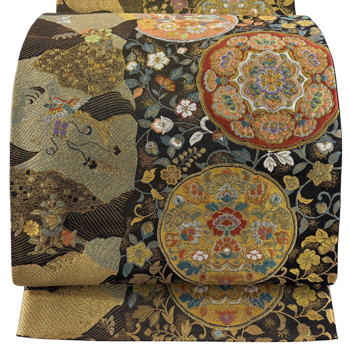 美品】 袋帯 秀品 華文 向かい鳥 金銀糸 箔 黒 六通 正絹｜中古・古着