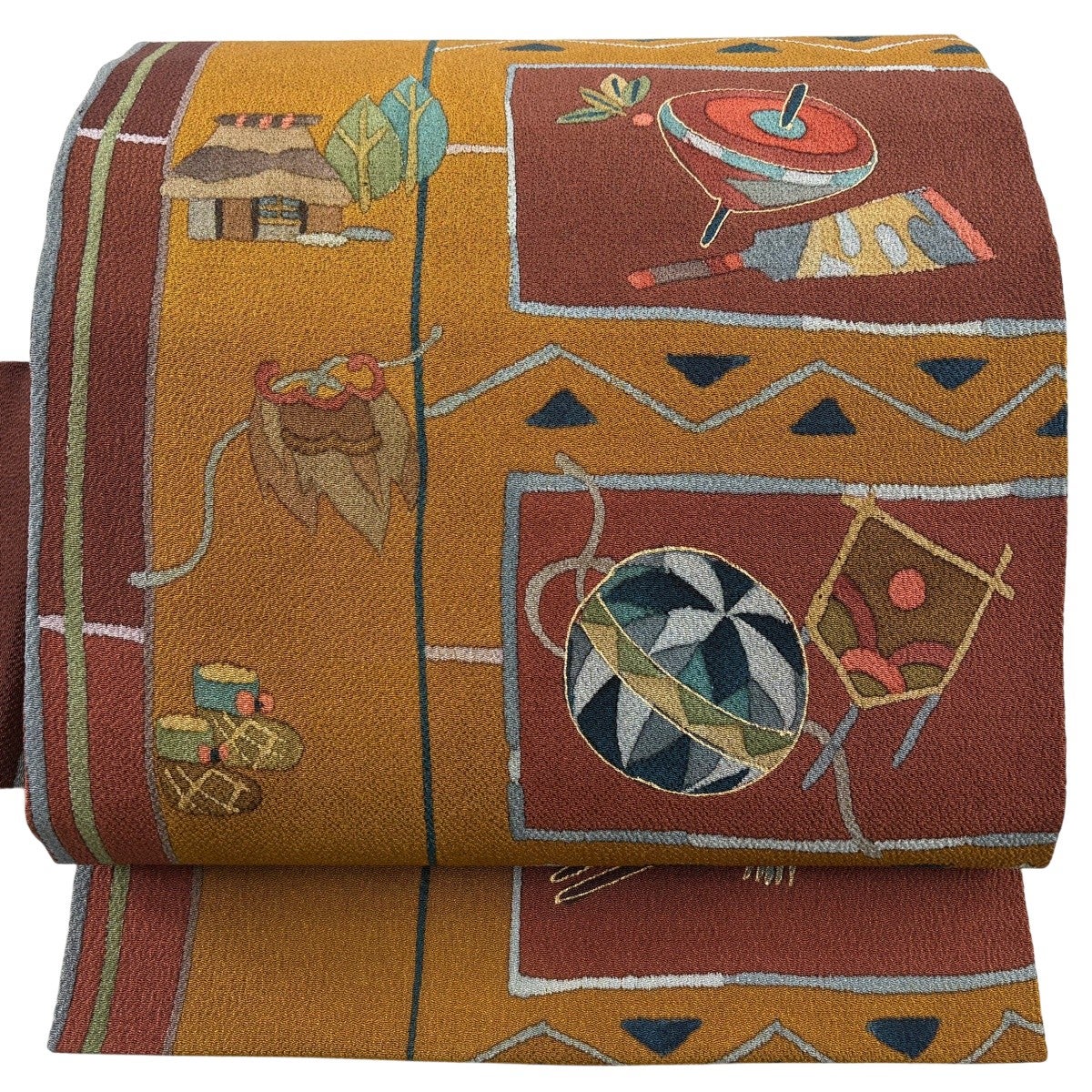 30%OFF 【美品】 名古屋帯 秀品 玩具 折り鶴 金彩 縮緬 山吹茶色 正絹