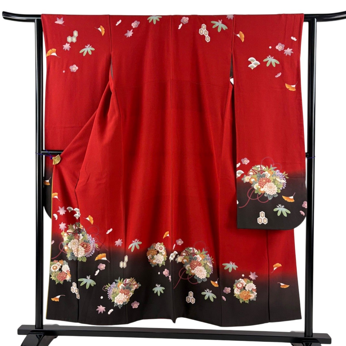 美品】 振袖 身丈167cm 裄丈65.5cm M 袷 蝶 桜 金彩 染め分け 赤 正絹
