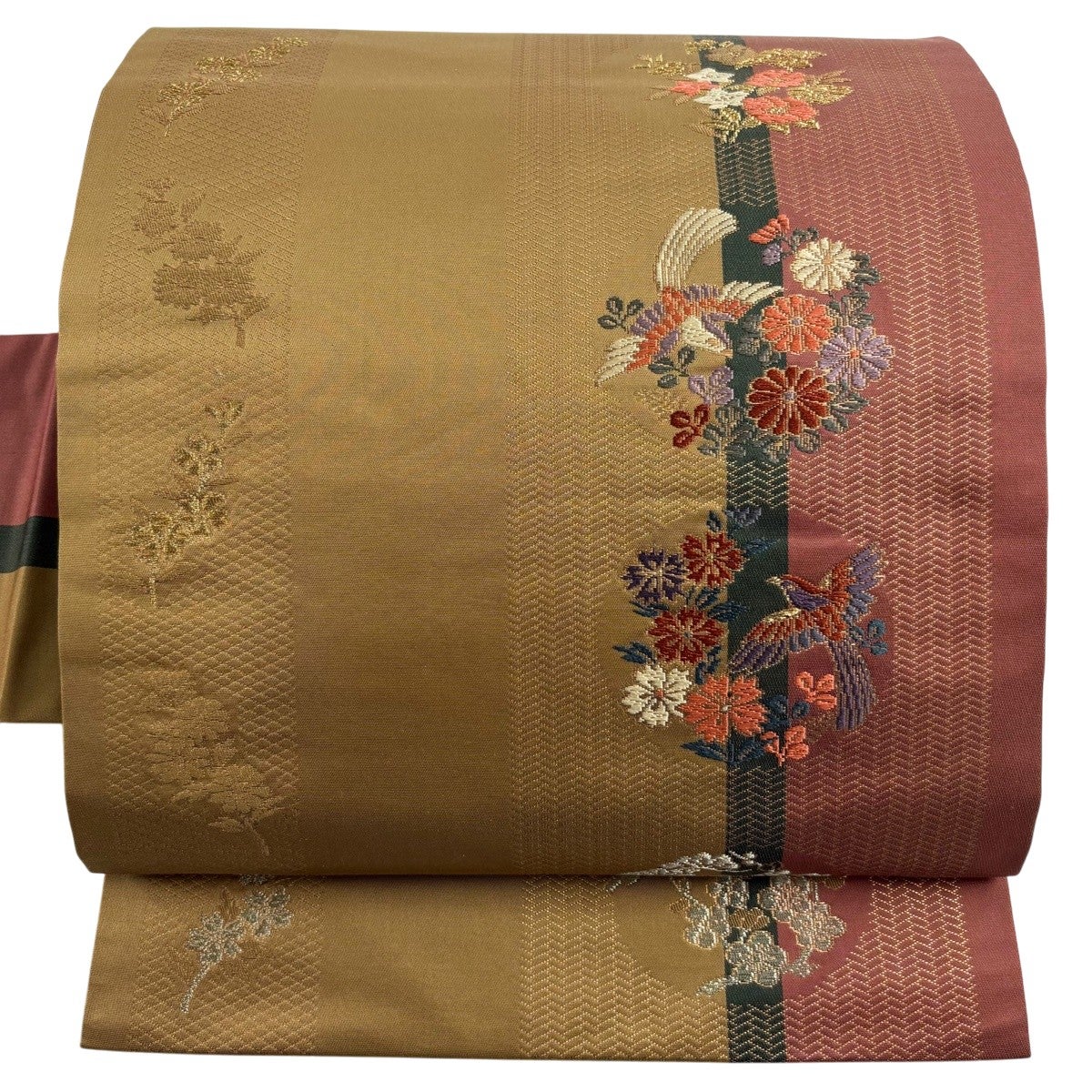 名古屋帯 秀品 草花 鳥 金彩 縮緬 紫 正絹｜中古・古着・リサイクル