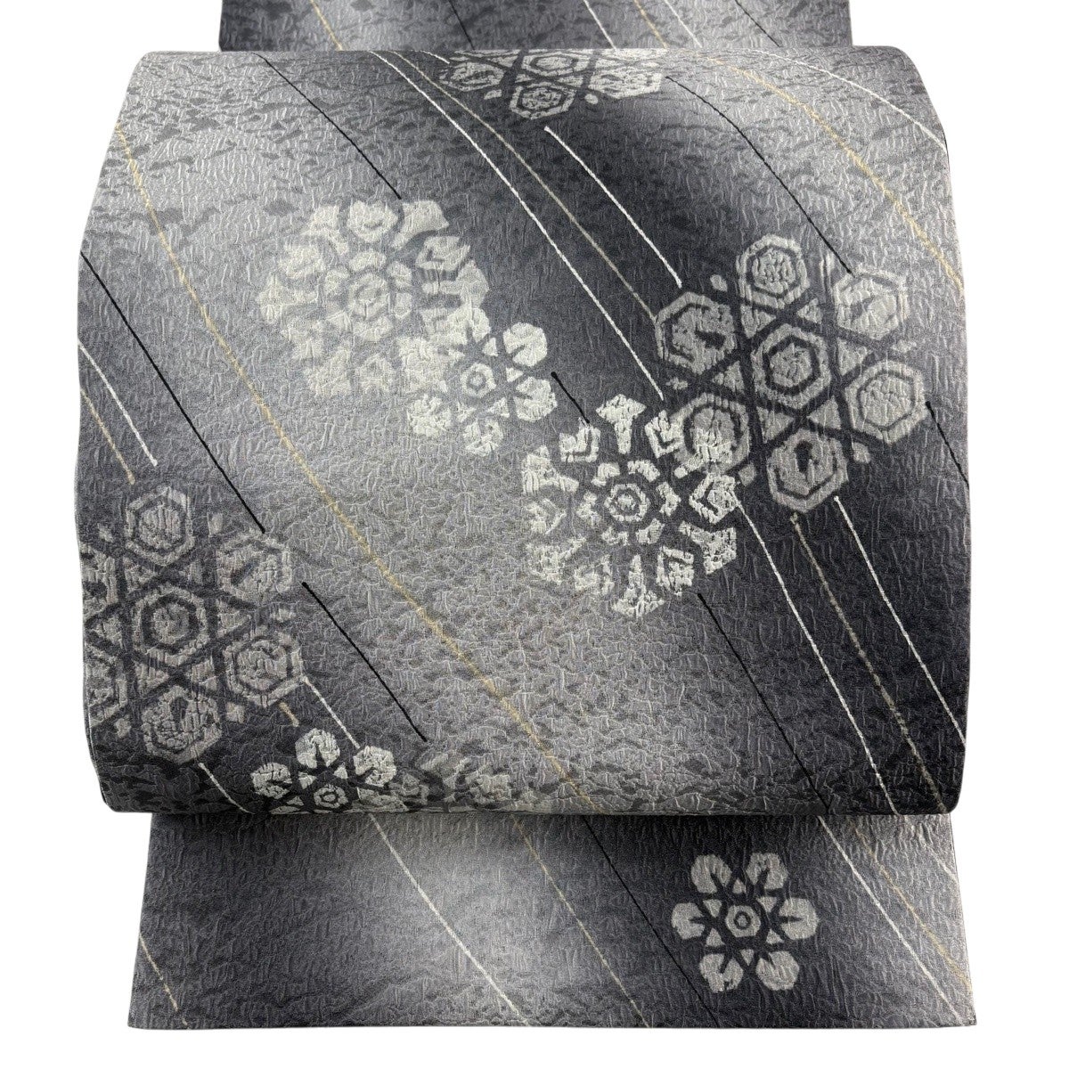 美品】 袋帯 名品 夏帯 段縞 幾何学模様 灰色 六通 正絹｜中古・古着