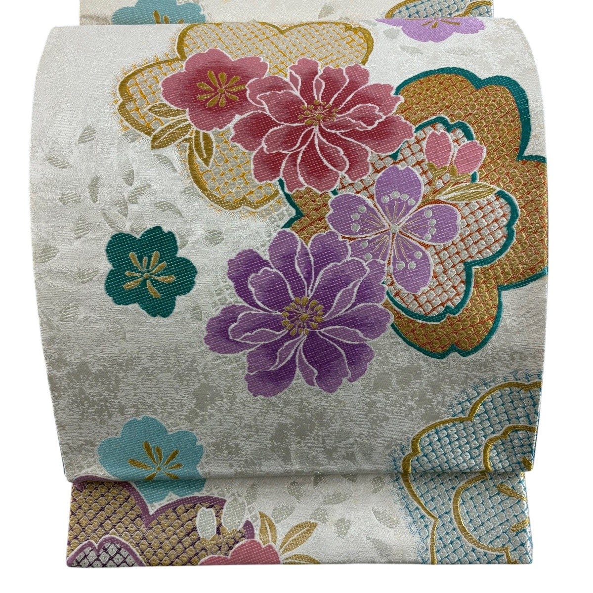 70%OFF 袋帯 秀品 花唐草 菱 銀糸 刺繍 薄紫 お太鼓柄 正絹 K70｜中古
