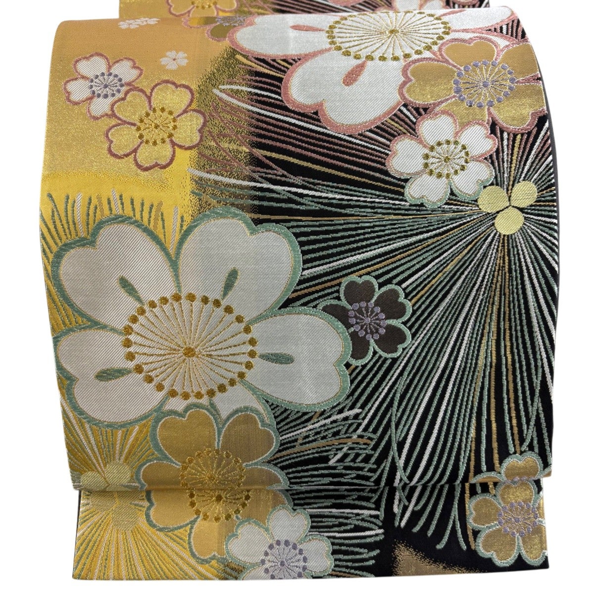 ◆SALE◆ 【新古品・美品】袋帯 正絹 アラベスク 金糸 美品】 袋帯 秀品 笠松 桜 箔 金糸 金色 六通 正絹｜中古・古着