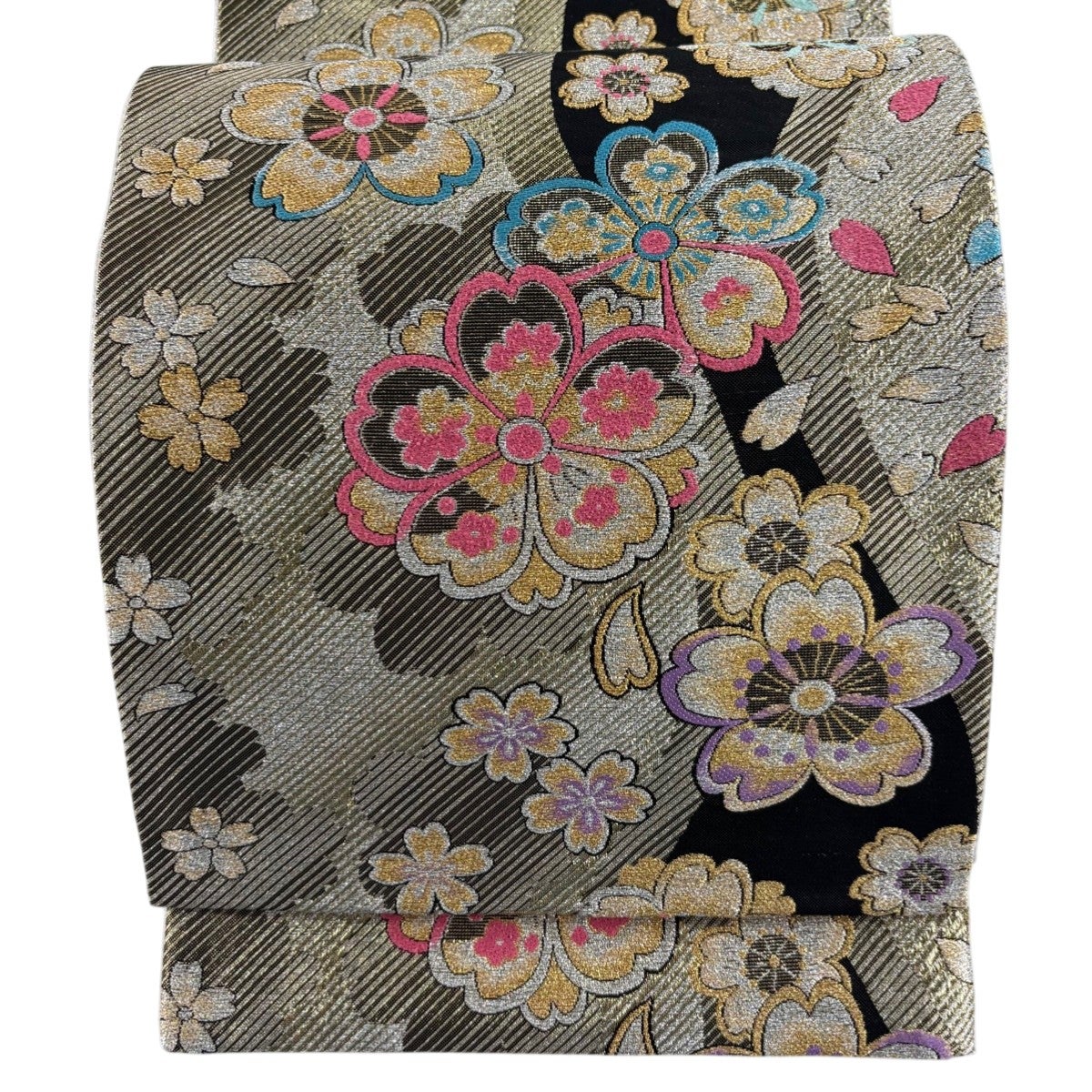 最終価格】 77%OFF 【美品】 袋帯 秀品 桜 斜縞 箔 銀糸 金色 六通