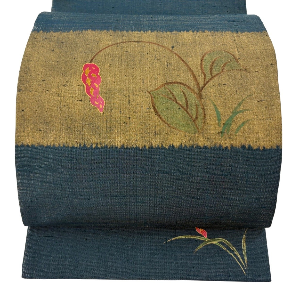 美品】 袋帯 秀品 草花 金糸 金彩 灰緑 お太鼓柄 正絹｜中古・古着