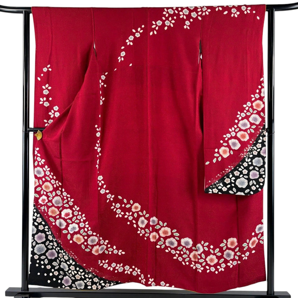 振袖 身丈155cm 裄丈61.5cm S 袷 草花 花びら 金通し 刺繍 赤 正絹