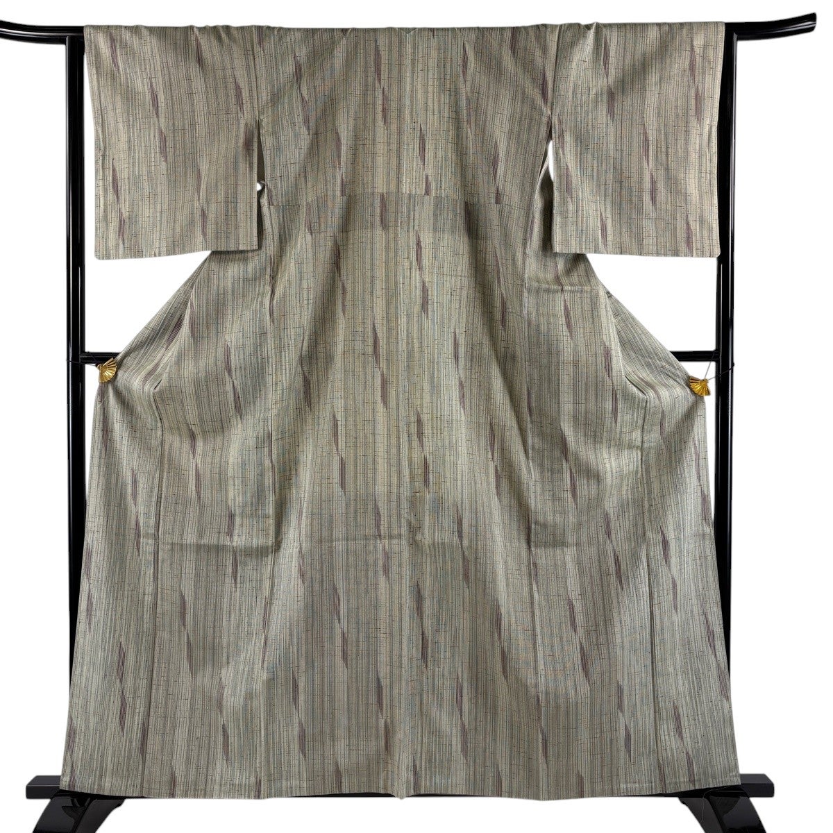 美品】 紬 身丈161cm 裄丈64cm M 袷 鈴乃屋 縦縞 幾何学 灰緑 正絹