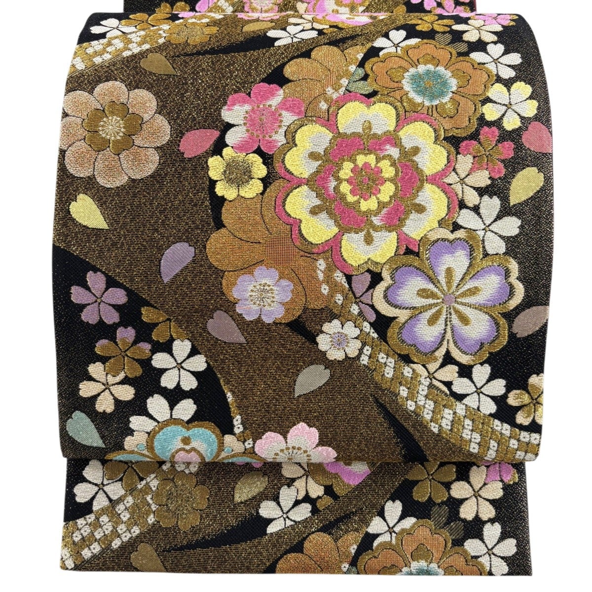 美品】 袋帯 秀品 振袖向き 華文 桜 金糸 箔 黒 六通 正絹｜中古・古着