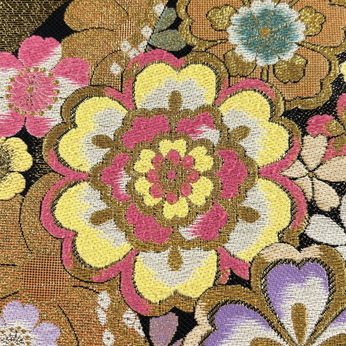 美品】 袋帯 秀品 振袖向き 華文 桜 金糸 箔 黒 六通 正絹｜中古・古着