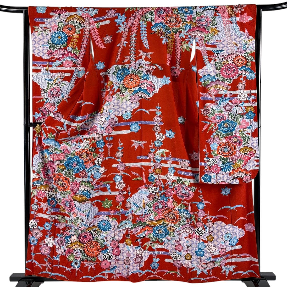 振袖 身丈160cm 裄丈63cm S 袷 家屋 松竹梅 朱色 正絹 名品｜中古