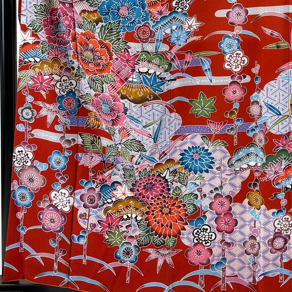 振袖 身丈160cm 裄丈63cm S 袷 家屋 松竹梅 朱色 正絹 名品｜中古