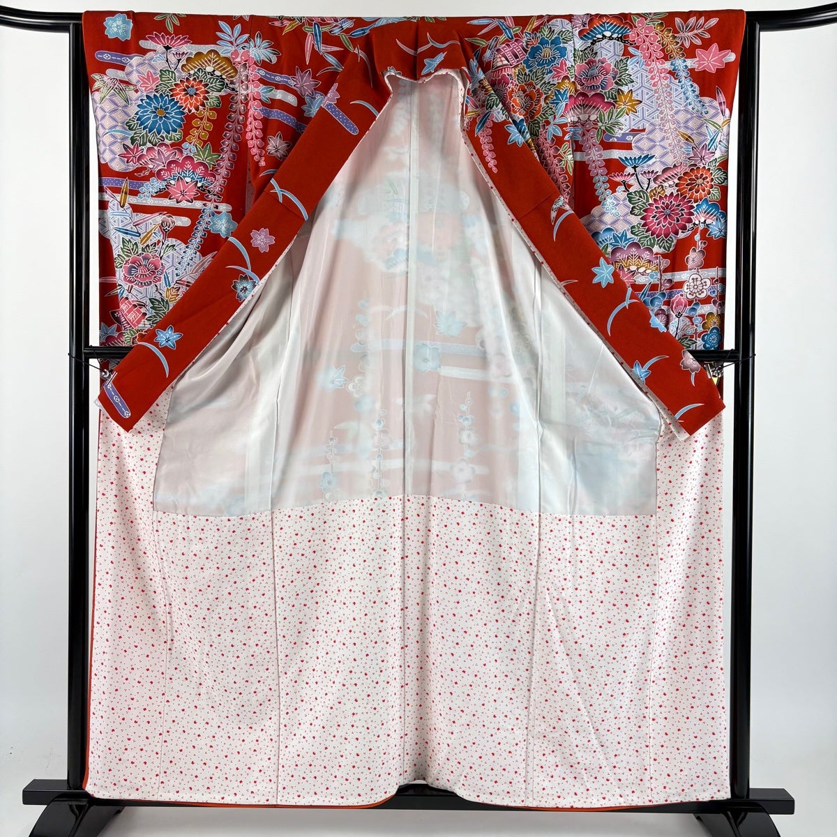 振袖 身丈160cm 裄丈63cm S 袷 家屋 松竹梅 朱色 正絹 名品｜中古