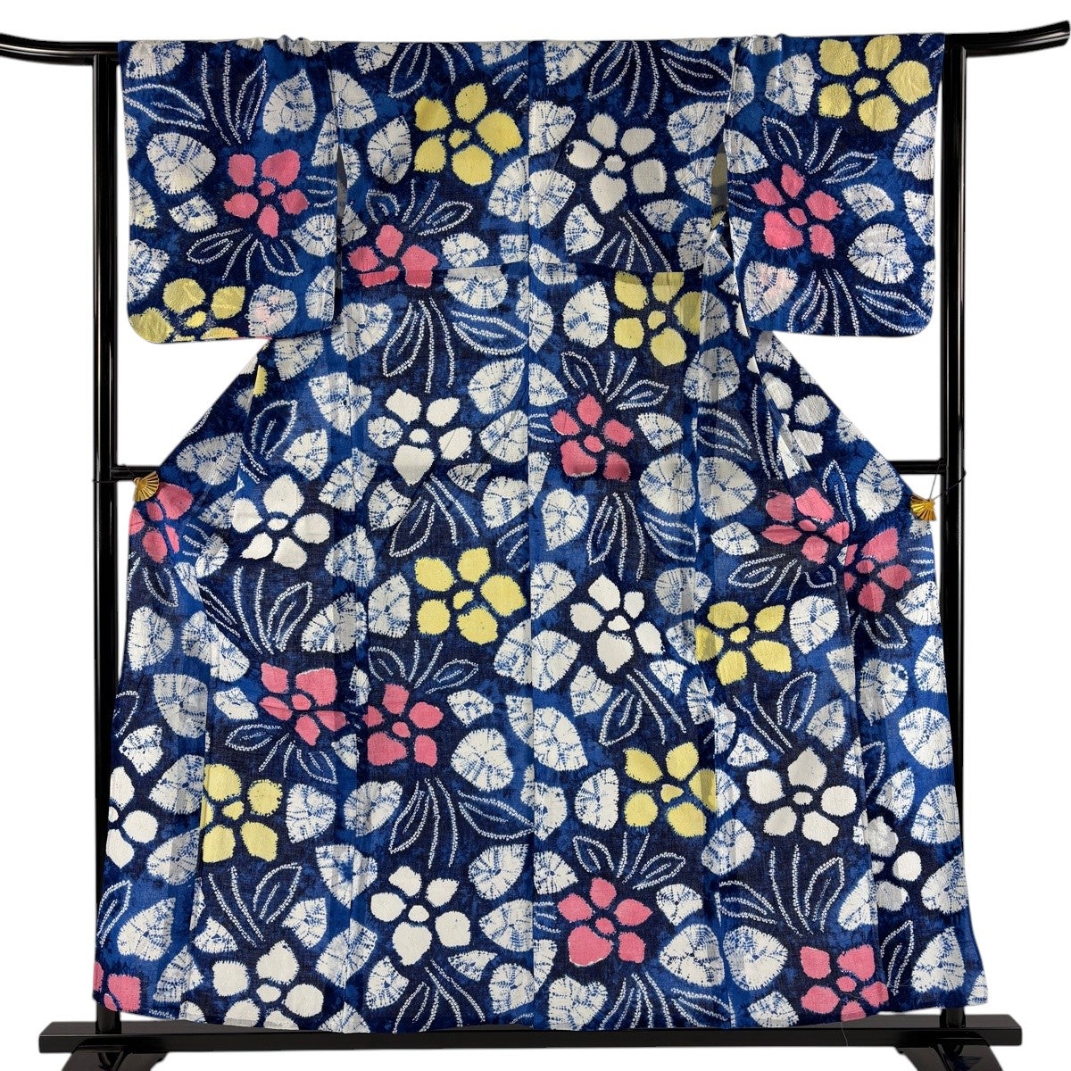 浴衣 身丈157cm 裄丈64cm M 絞り浴衣 草花 青 綿 名品｜中古・古着