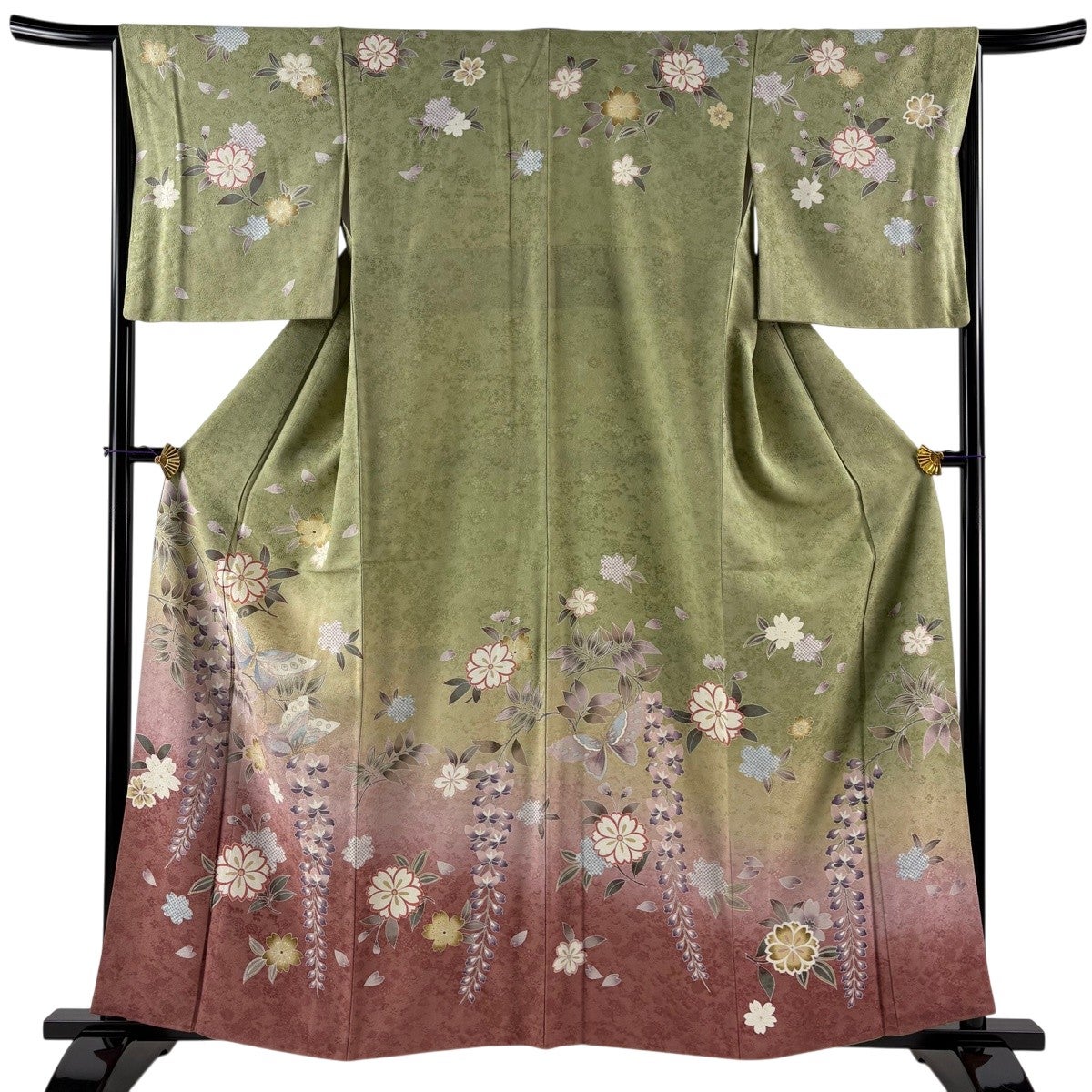 訪問着 身丈160cm 裄丈65.5cm M 袷 蝶 桜 金彩 染め分け よもぎ色 正絹