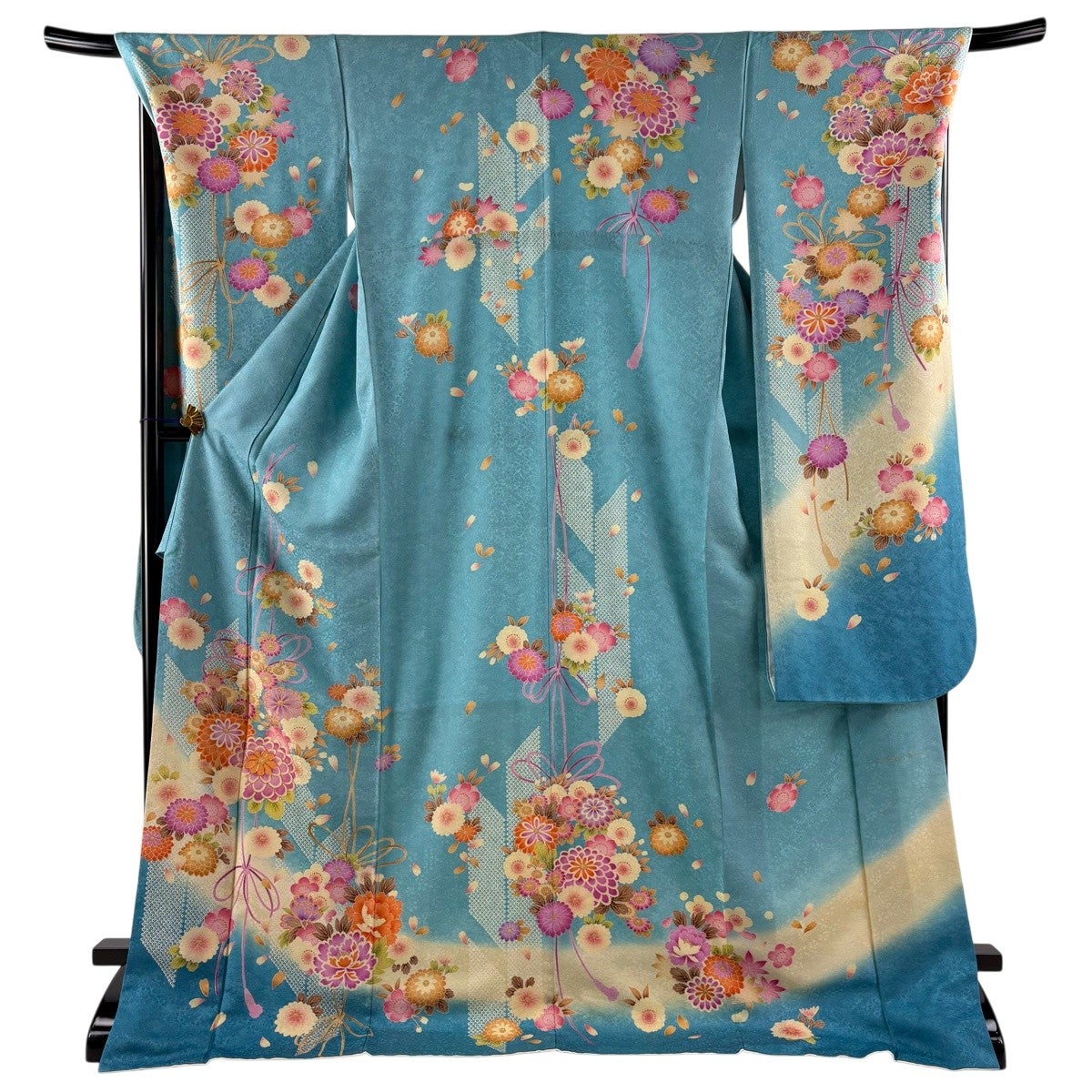 ④ 振袖●美品●正絹●裄64㎝●ブルー系 美品】 振袖 身丈177cm 裄丈71cm L 袷 Oshikiri Moe 落款あり 薬玉 菊