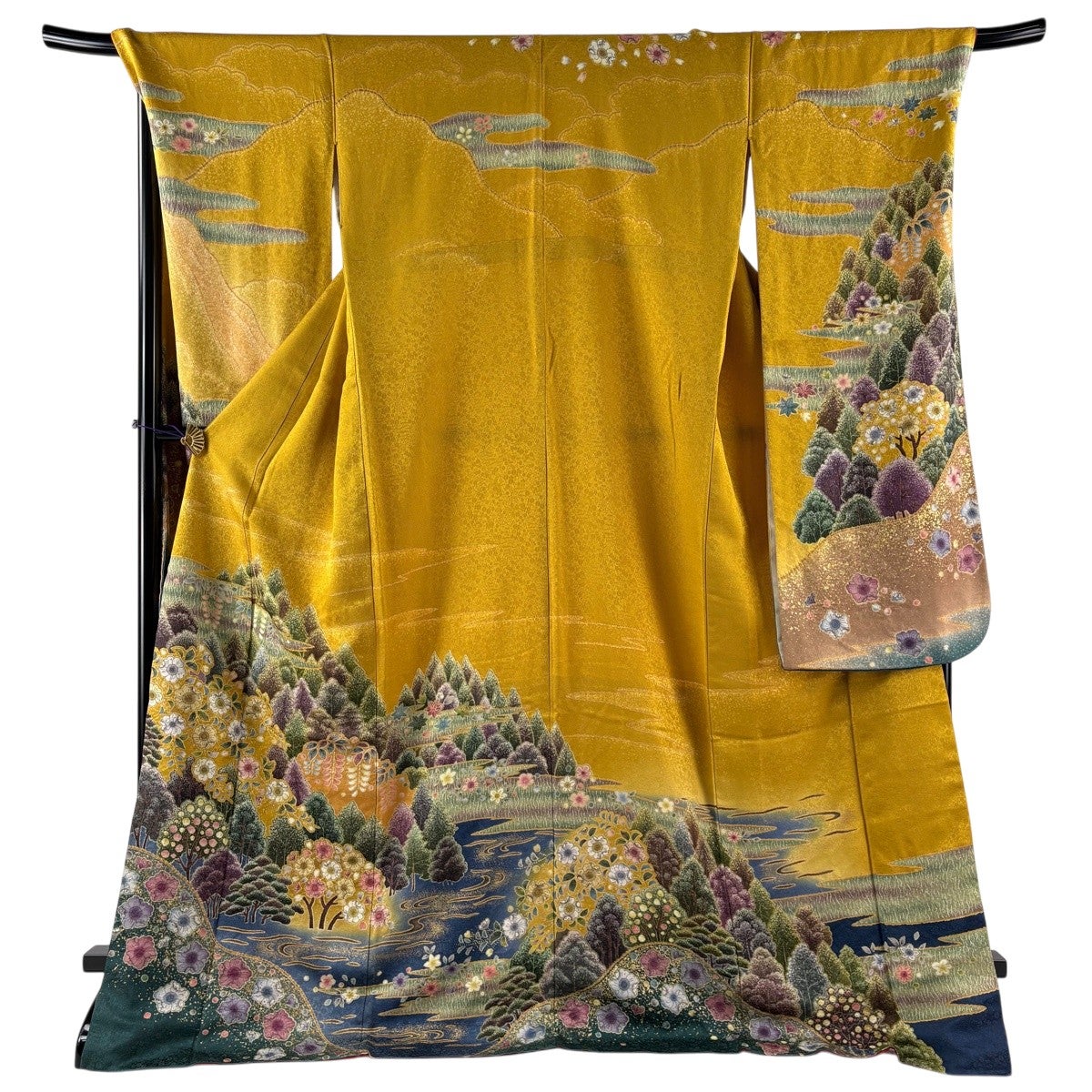 美品】 振袖 身丈174cm 裄丈72cm L 袷 樹木 辻が花柄 金通し 金彩 山吹