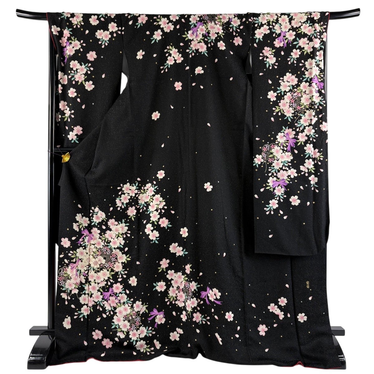美品】 振袖 身丈176cm 裄丈69.5cm L 袷 山本寛斎 落款あり 桜 リボン