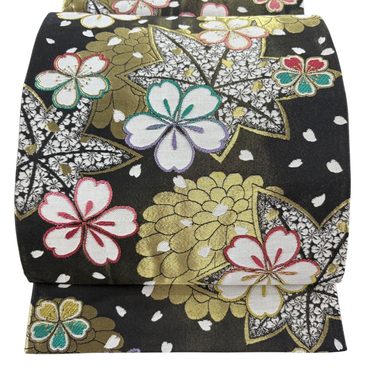 袋帯 秀品 桜花 花びら 金糸 箔 金色 六通 正絹｜中古・古着