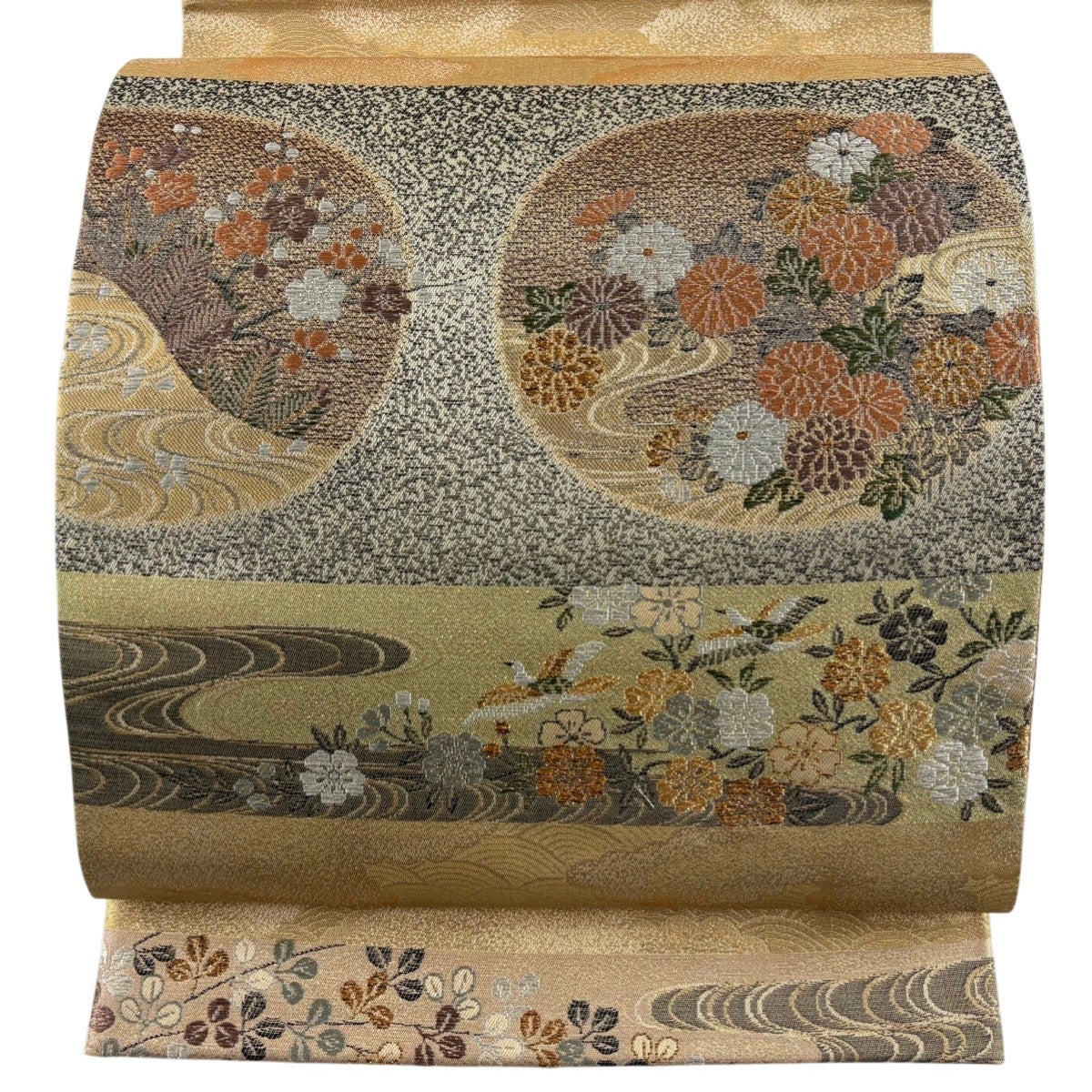 【E20】着物 鈴乃屋 正絹 六通袋帯 金糸 美品 袋帯 秀品 鈴乃屋 鳳凰 松梅 金銀糸 箔 ベージュ 六通 正絹｜中古