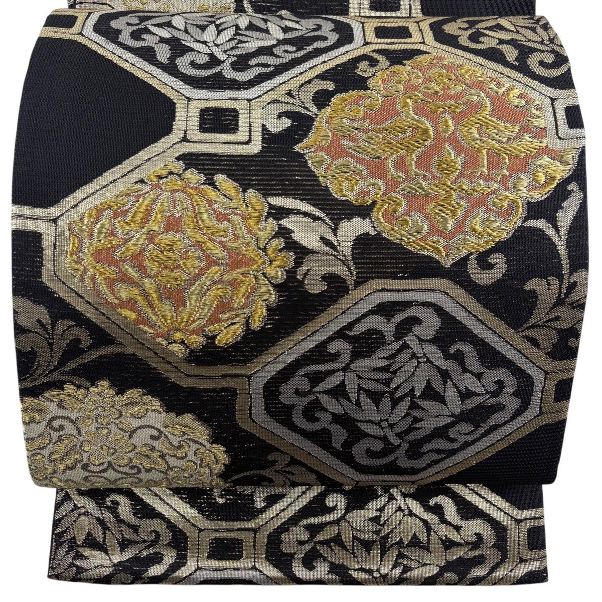 美品 袋帯 名品 花唐草 箔 金色 六通 正絹 中古 : リユースセレクト