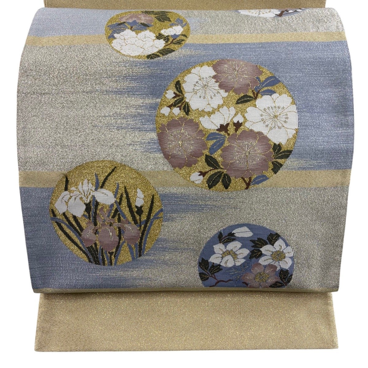 秀品 正絹 袋帯 横段丸松文 31cm×439cm 金糸 銀糸 袋帯 名品 草花 丸文 金銀糸 箔 ベージュ お太鼓柄 正絹｜中古・古着