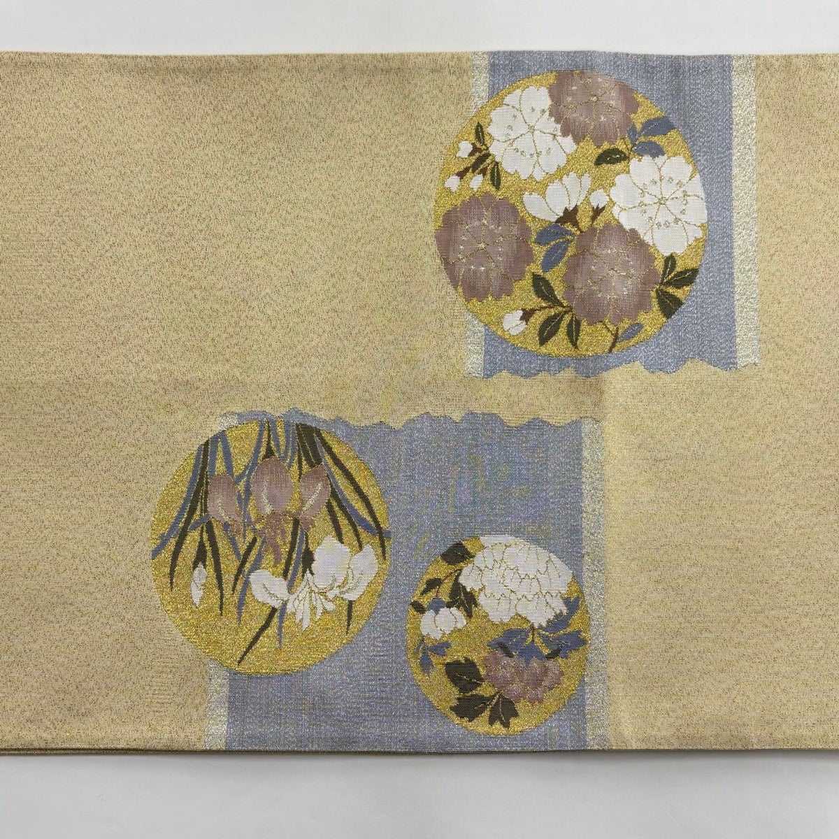 袋帯 名品 草花 丸文 金銀糸 箔 ベージュ お太鼓柄 正絹｜中古・古着