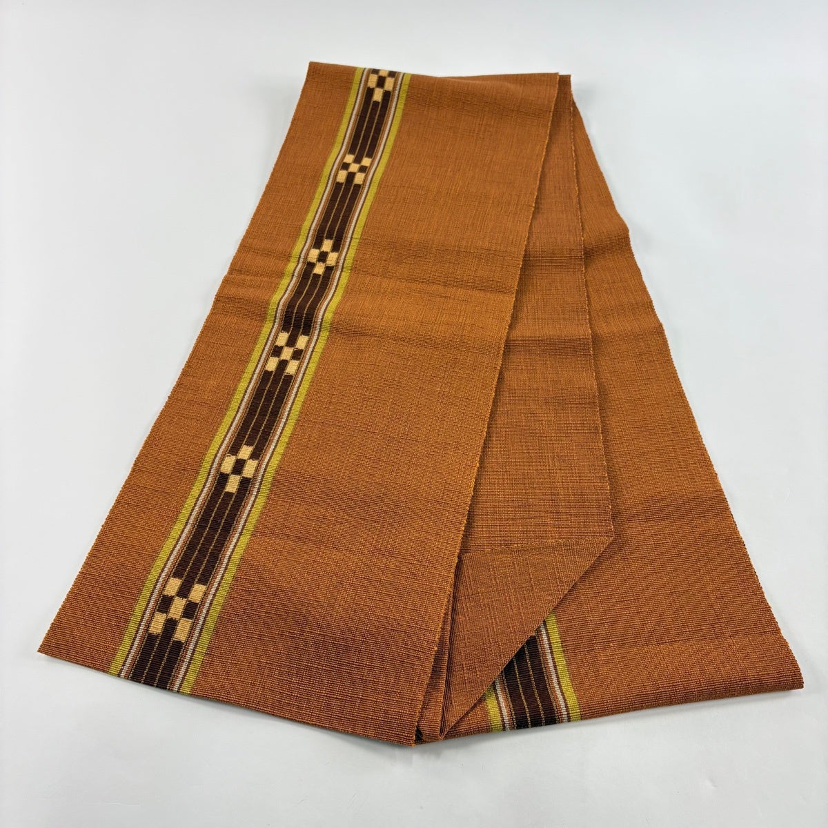 美品】 名古屋帯 名品 八寸名古屋帯 松葉仕立て 縞 幾何学模様 茶色