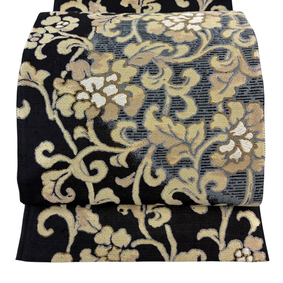 美品】 袋帯 名品 紬地 花唐草 金銀糸 唐織 黒 六通 正絹｜中古・古着