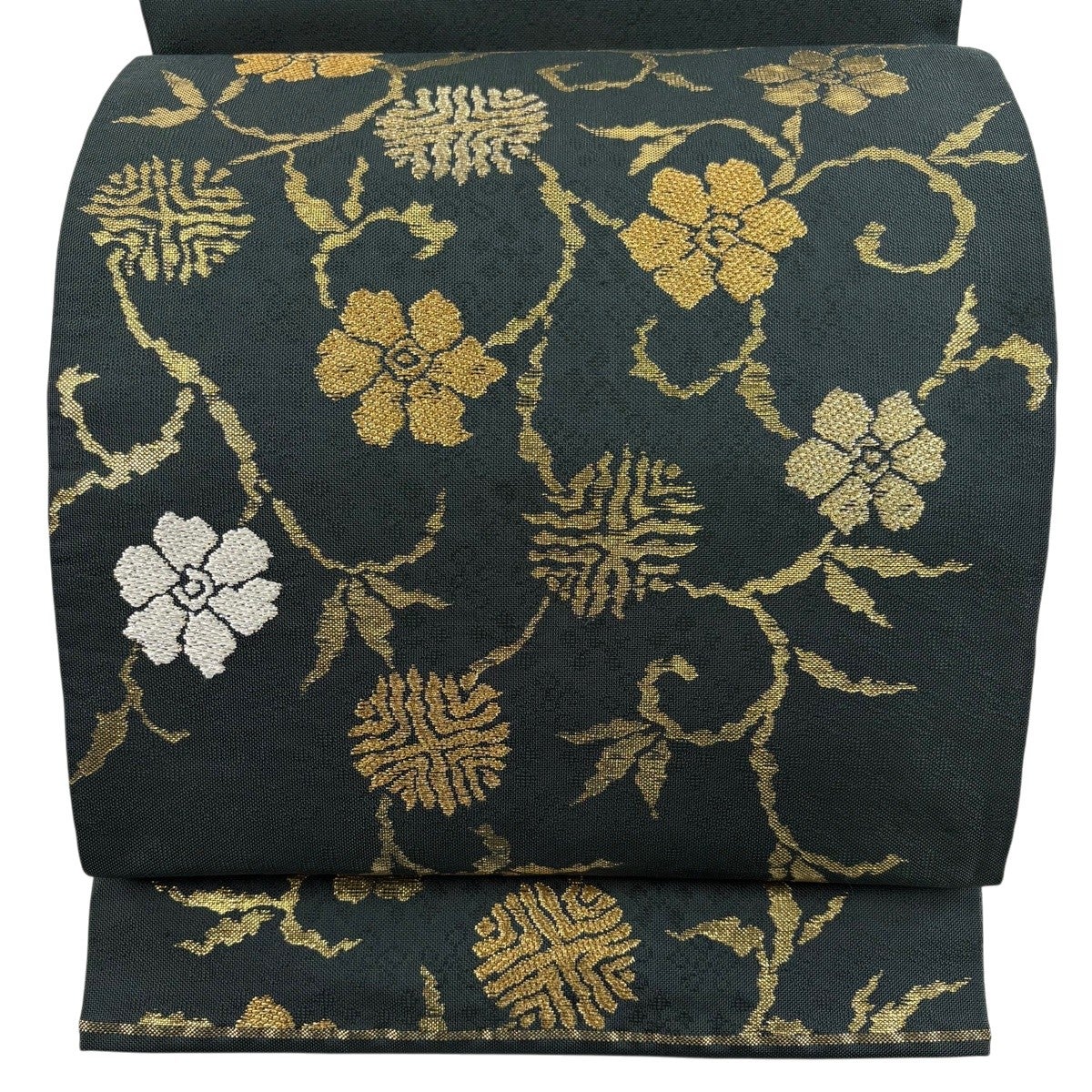 美品】 袋帯 名品 関西仕立て 純金箔織 笹蔓 箔 金糸 深緑 六通 正絹
