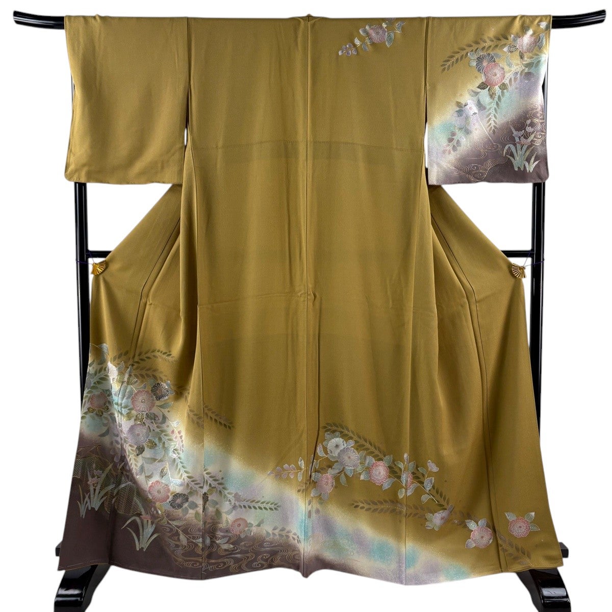 訪問着 身丈162.5cm 裄丈68cm L 袷 辻が花柄 草花 金銀彩 螺鈿 山吹