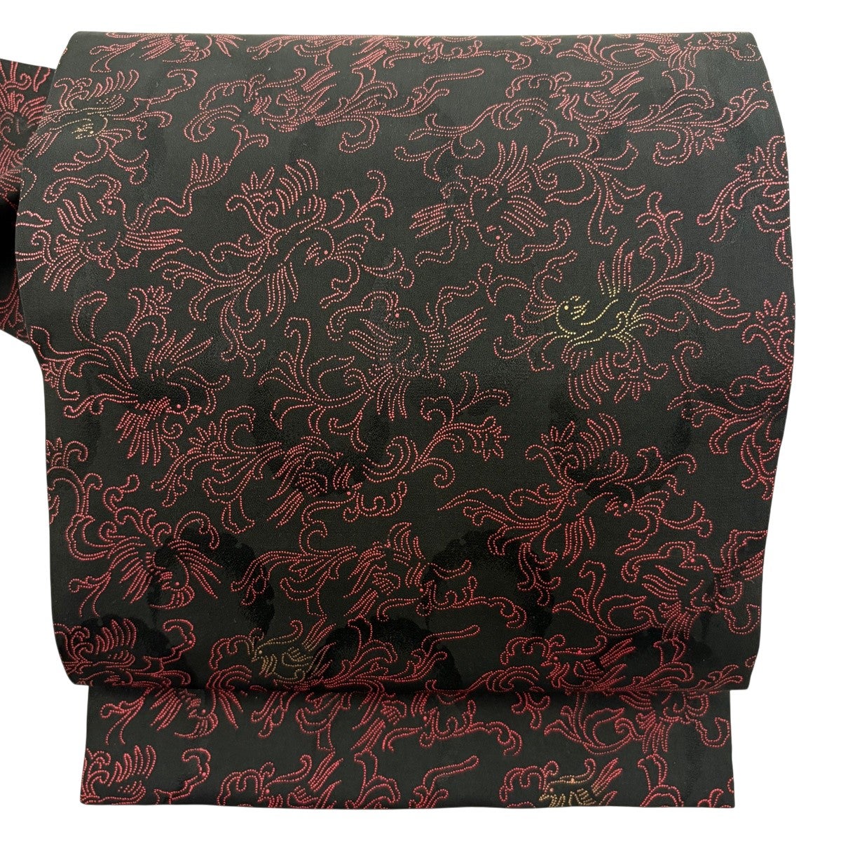 美品】 名古屋帯 逸品 鳥 花唐草 金彩 黒 正絹｜中古・古着
