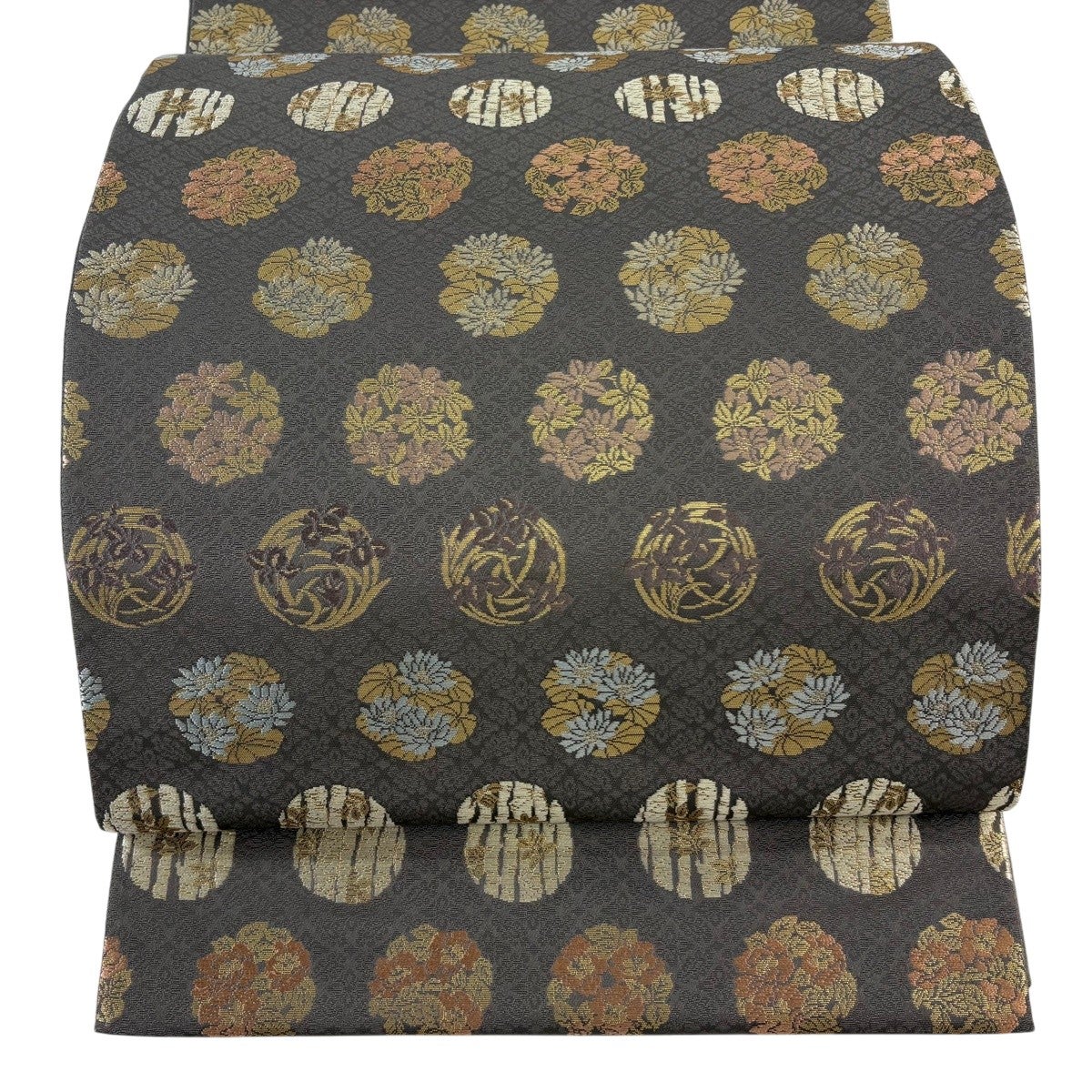 美品】 袋帯 名品 箔屋清兵衛 落款あり 草木染 草花 波 箔 灰茶 六通