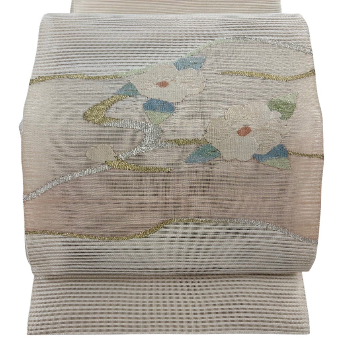 名古屋帯 秀品 夏帯 八寸名古屋帯 松葉仕立て 絽 斜め格子 草花 金糸