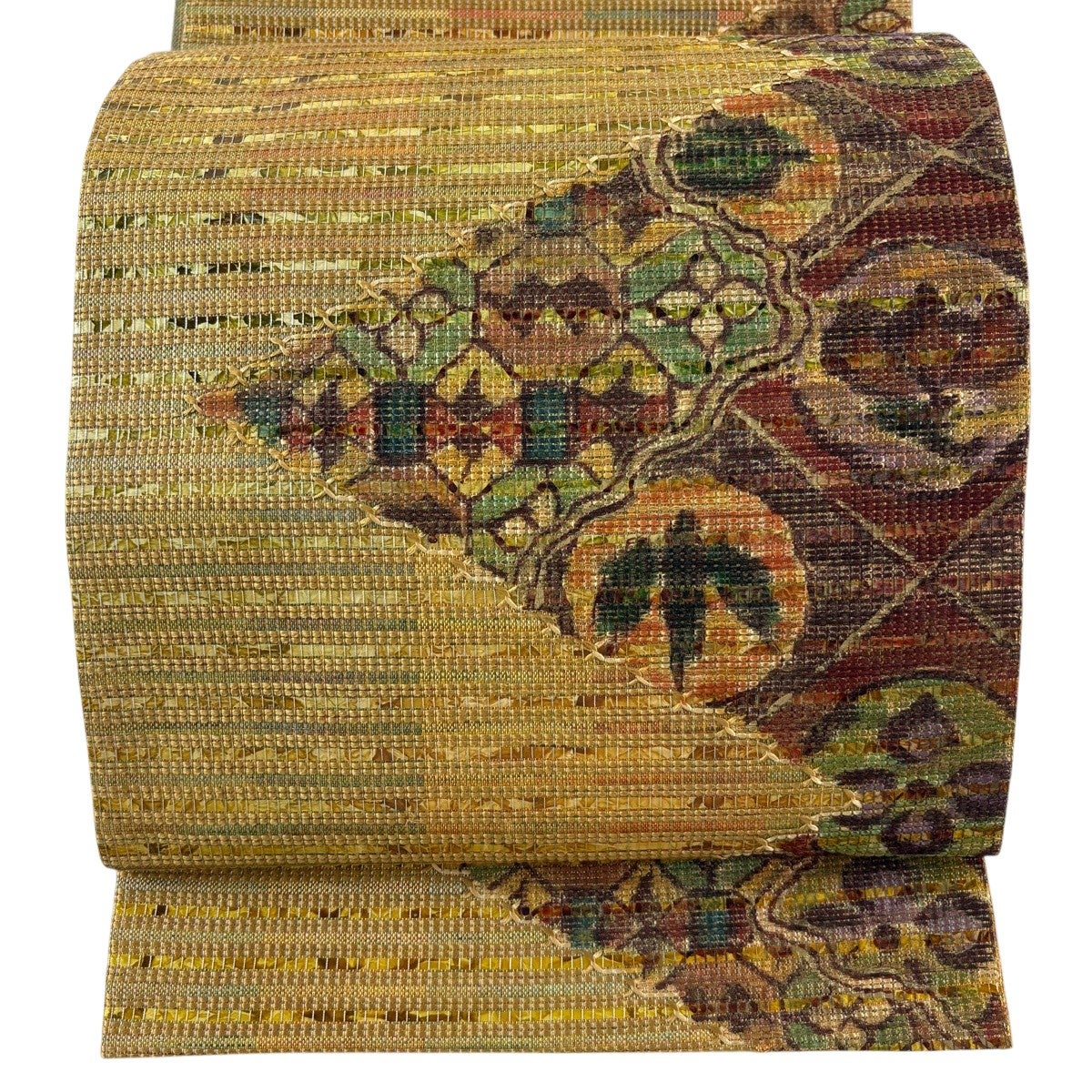 袋帯 秀品 草花 金彩 ぼかし 青灰色 お太鼓柄 正絹｜中古・古着
