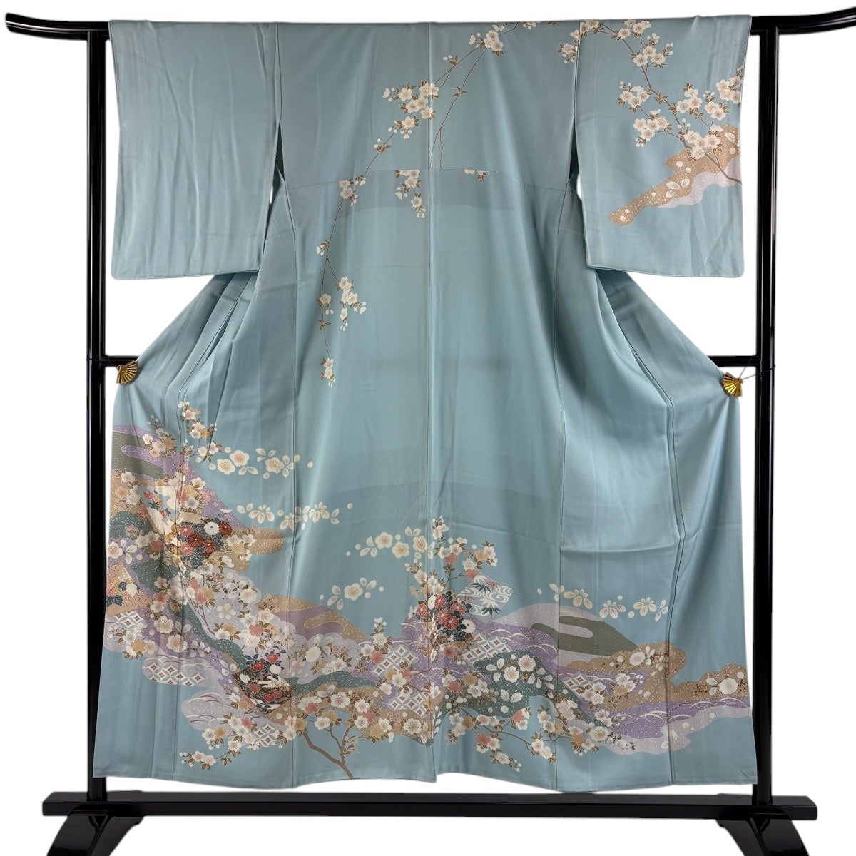 訪問着 身丈155cm 裄丈62.5cm S 袷 桜 枝梅 金糸 金彩 水色 正絹 秀品