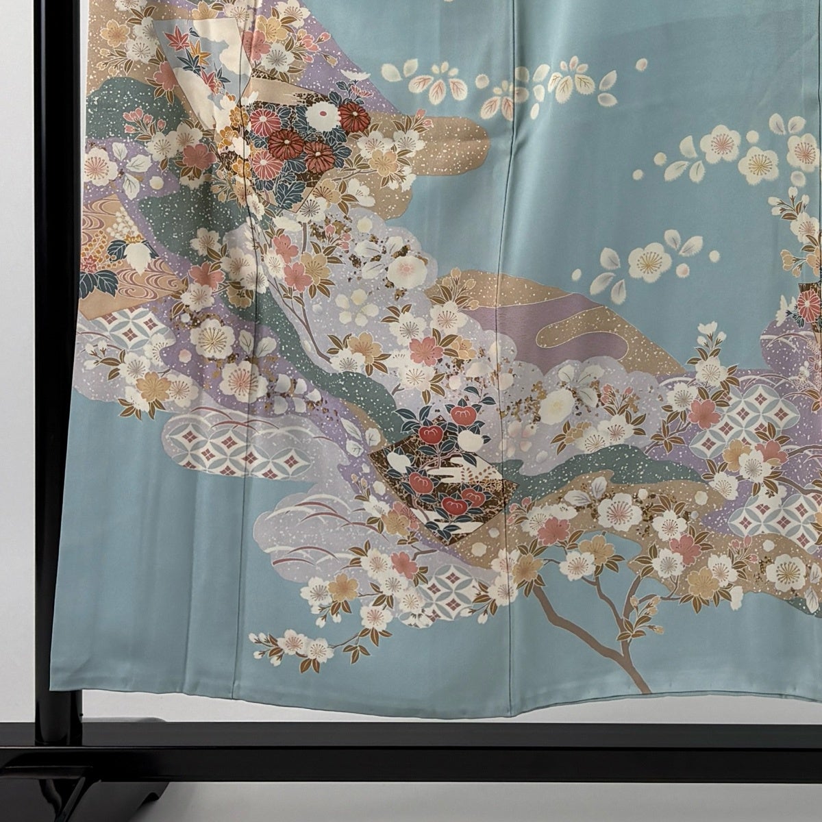 訪問着 身丈155cm 裄丈62.5cm S 袷 桜 枝梅 金糸 金彩 水色 正絹 秀品