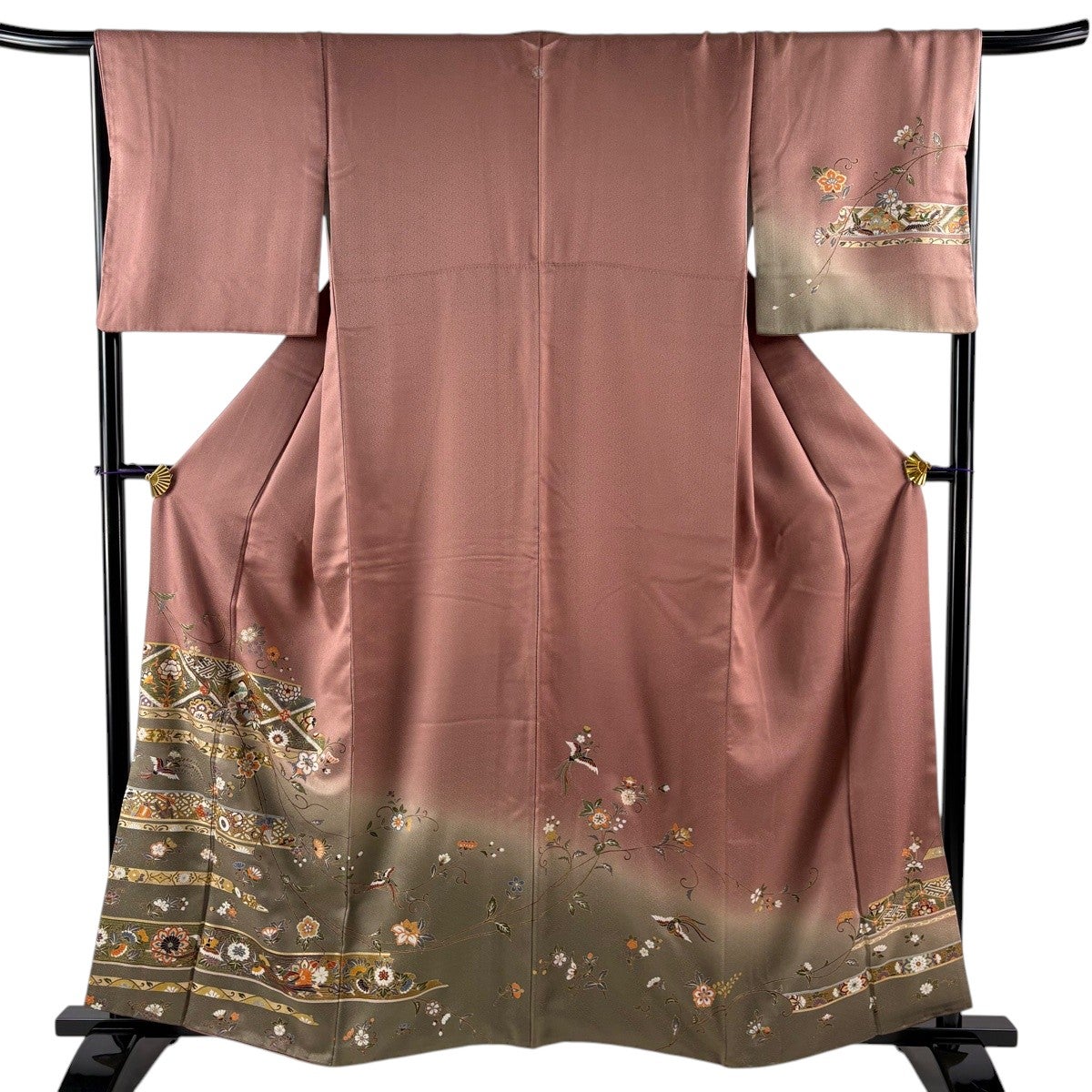 訪問着 身丈160.5cm 裄丈66cm M 袷 花鳥 和楽器 金彩 ぼかし 小豆色