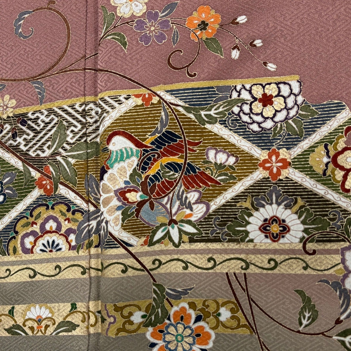 訪問着 身丈160.5cm 裄丈66cm M 袷 花鳥 和楽器 金彩 ぼかし 小豆色