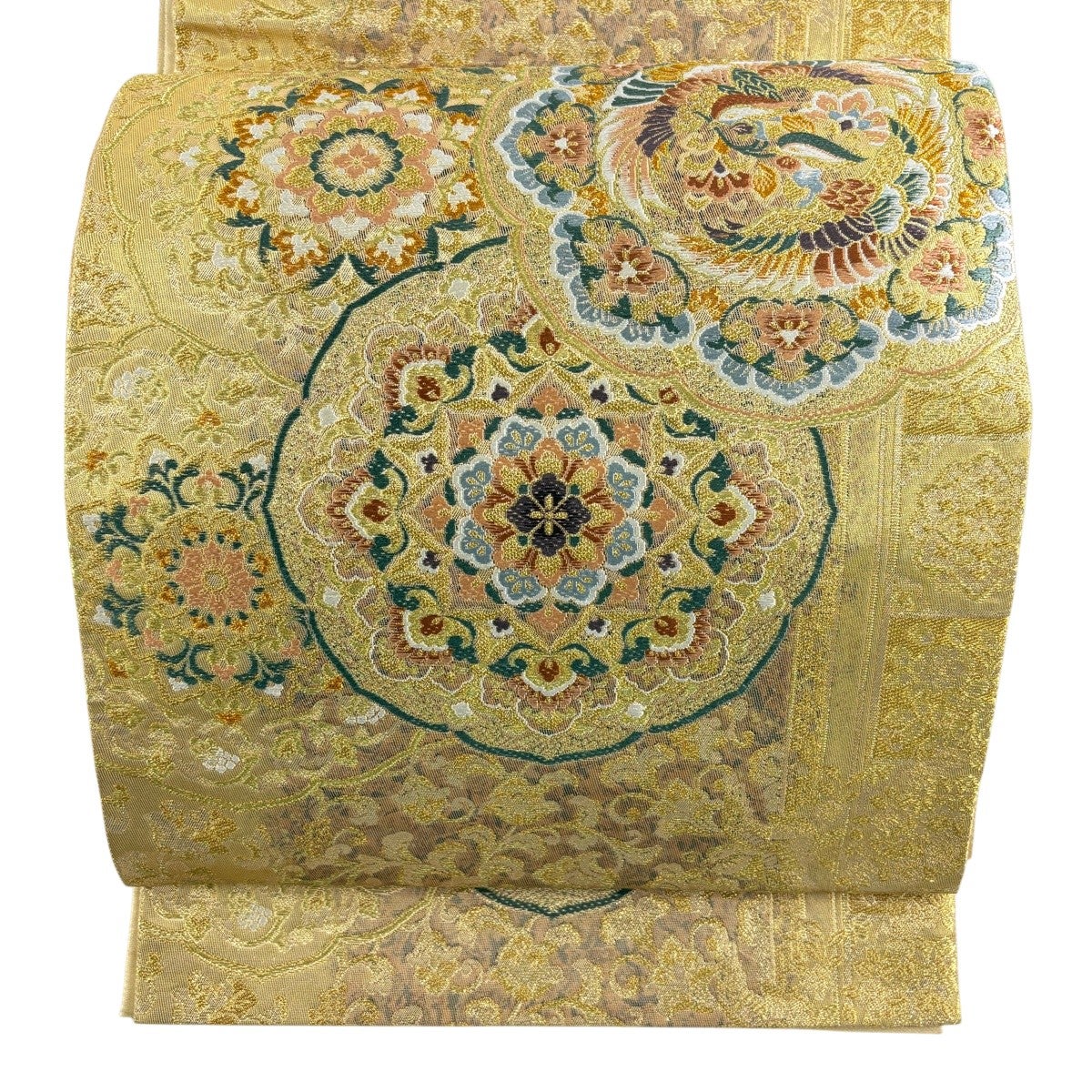 美品】 袋帯 秀品 本金箔蒔絵 色紙 草花 金糸 箔 灰色 六通 正絹｜中古
