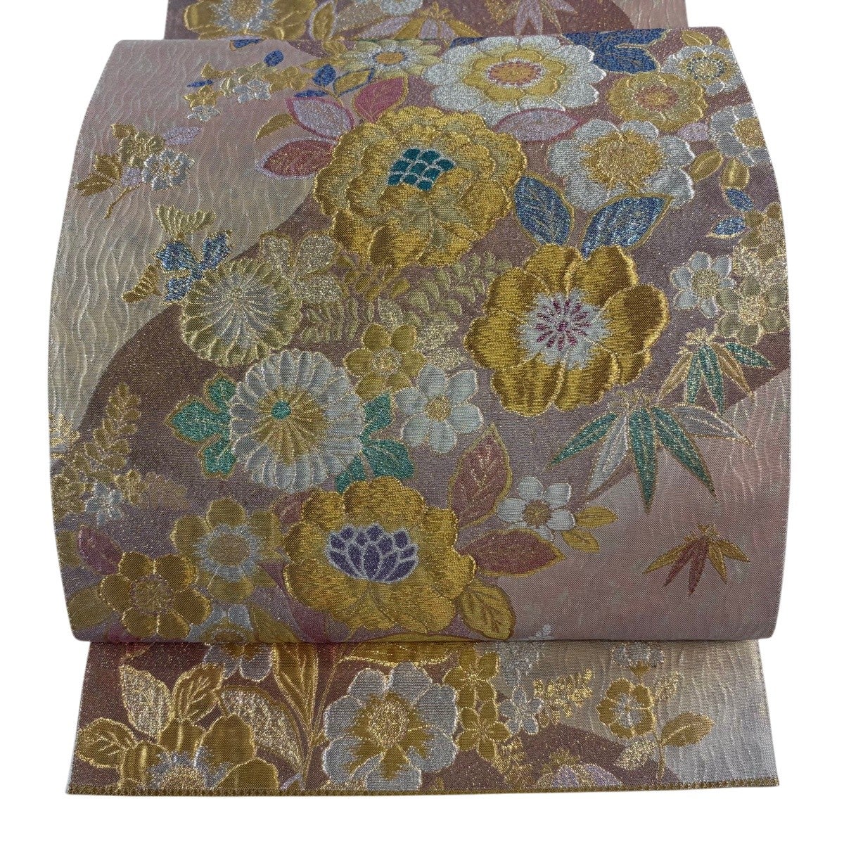 袋帯 秀品 振袖向き 雪輪 桜 唐織 金銀糸 薄ピンク 六通 正絹｜中古