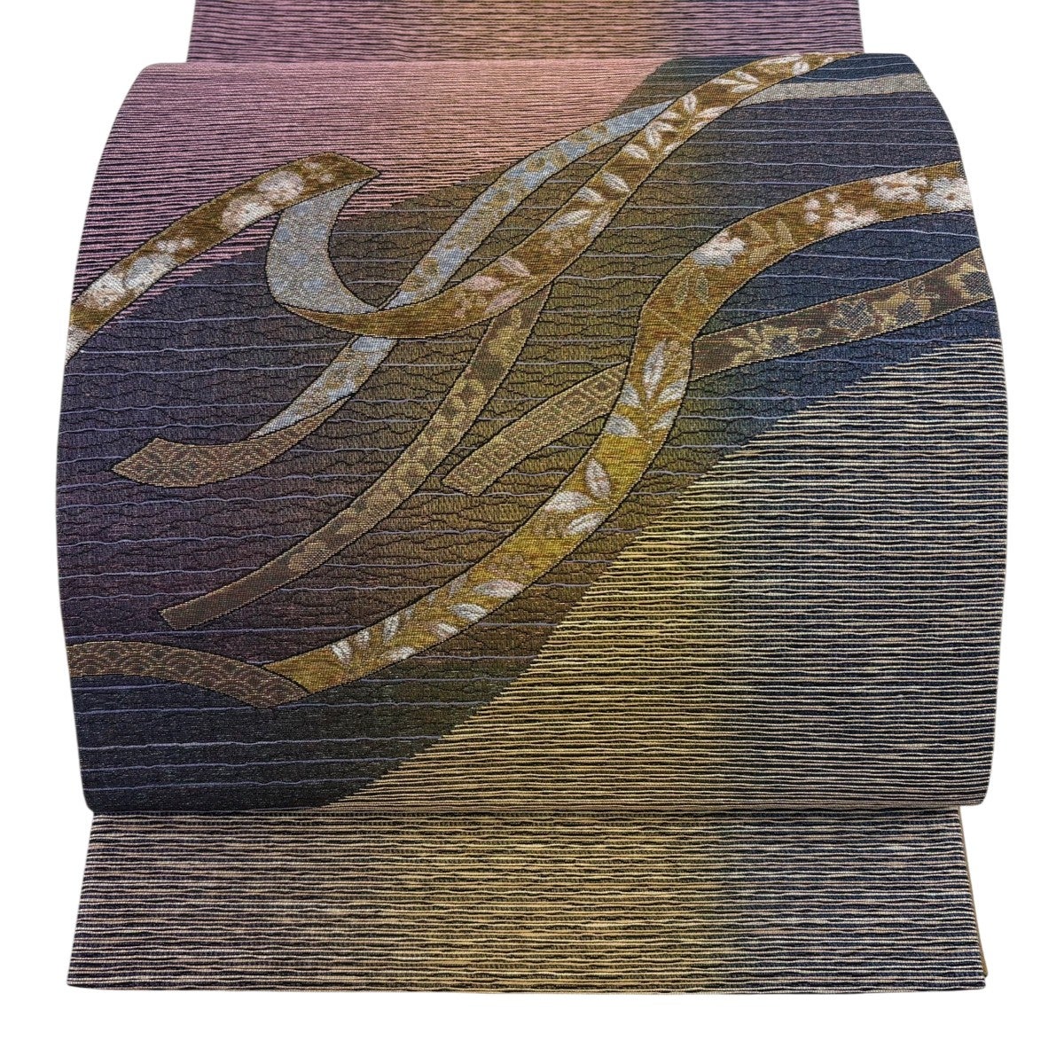 美品】 袋帯 秀品 草花 幾何学 銀彩 紫 お太鼓柄 正絹｜中古・古着