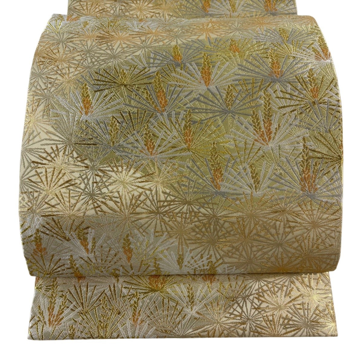 美品】 袋帯 秀品 本金箔蒔絵 色紙 草花 金糸 箔 灰色 六通 正絹｜中古