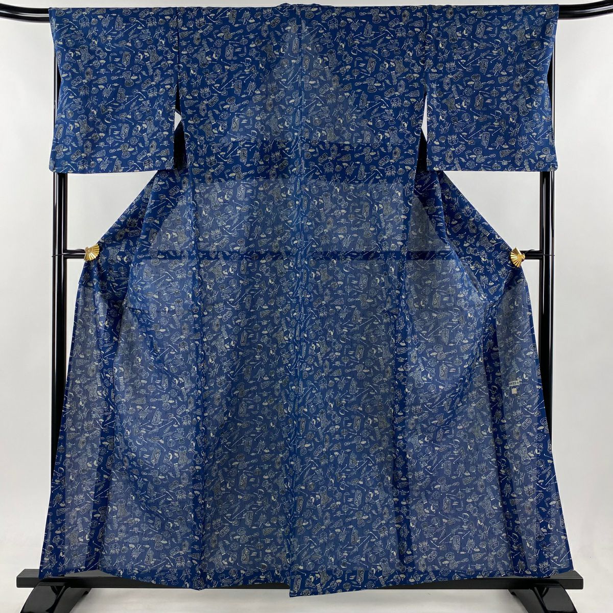 小紋 身丈159.5cm 裄丈68cm L 薄物 夏紬 落款あり 玩具 紺色 正絹 名品