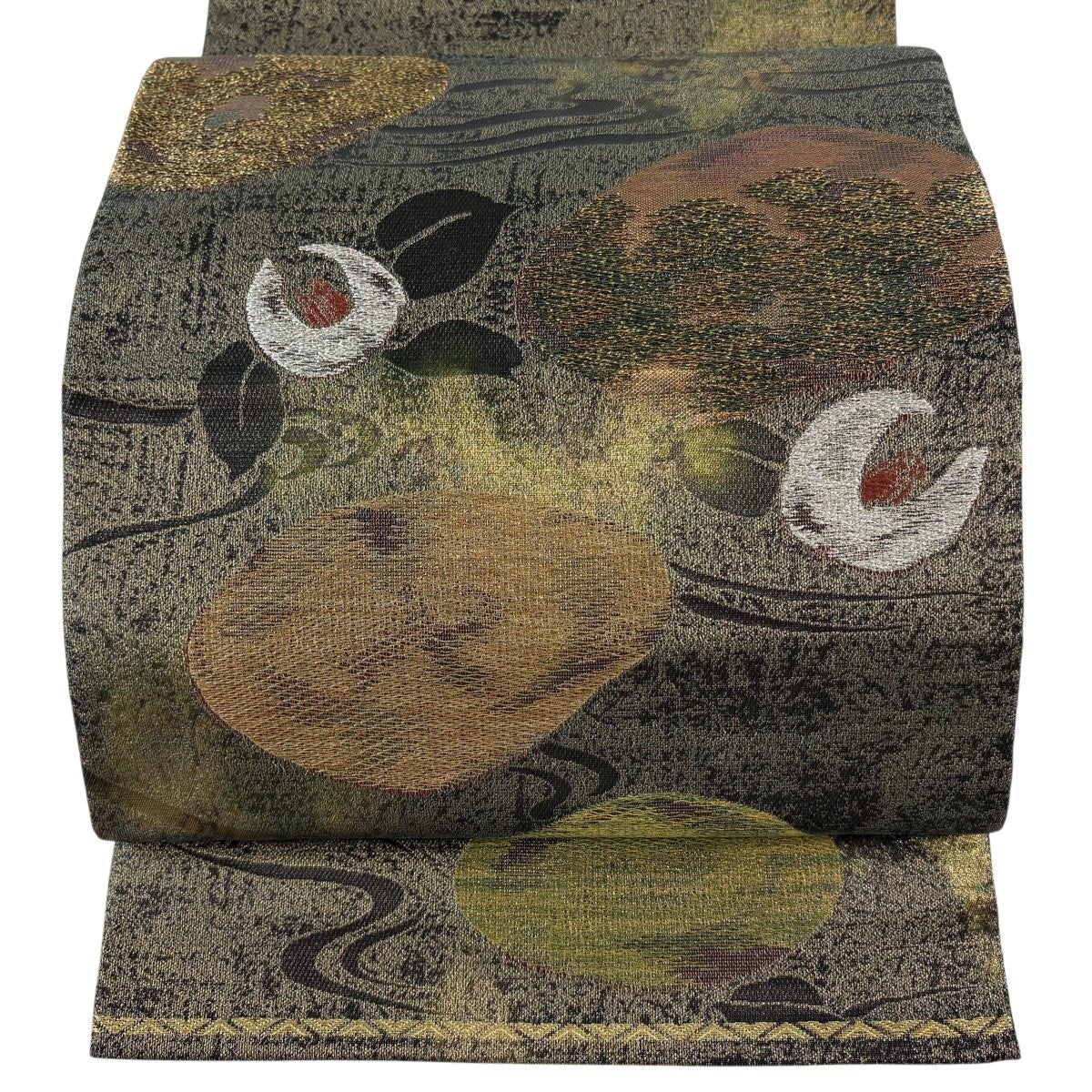 袋帯 名品 流水 花 金糸 箔 鶯色 お太鼓柄 正絹｜中古・古着
