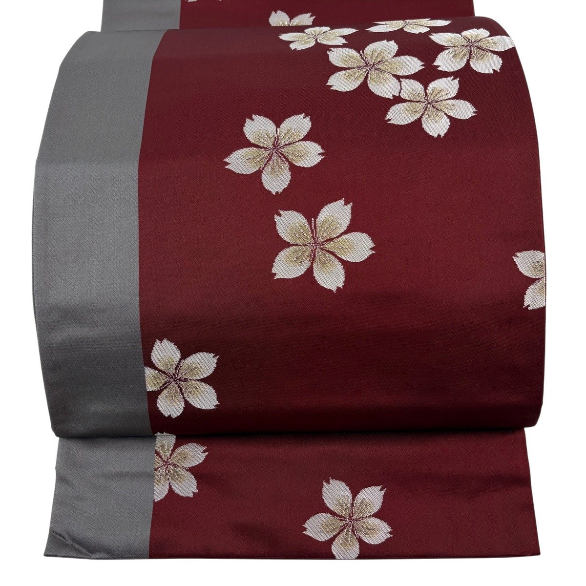 美品】 袋帯 名品 辻村ジュサブロー 落款あり 桜 銀糸 えんじ色 六通