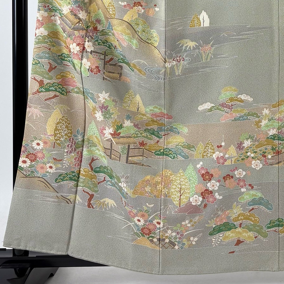 訪問着 身丈160cm 裄丈62cm S 袷 家屋 松竹梅 金糸 金彩 灰緑 正絹